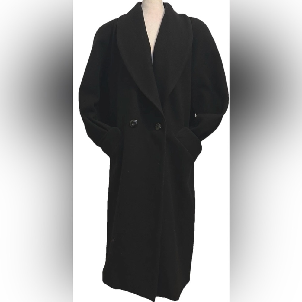 Vintage Liz Baker Essentials Black 100% Wool Trench Coat size See Measurements